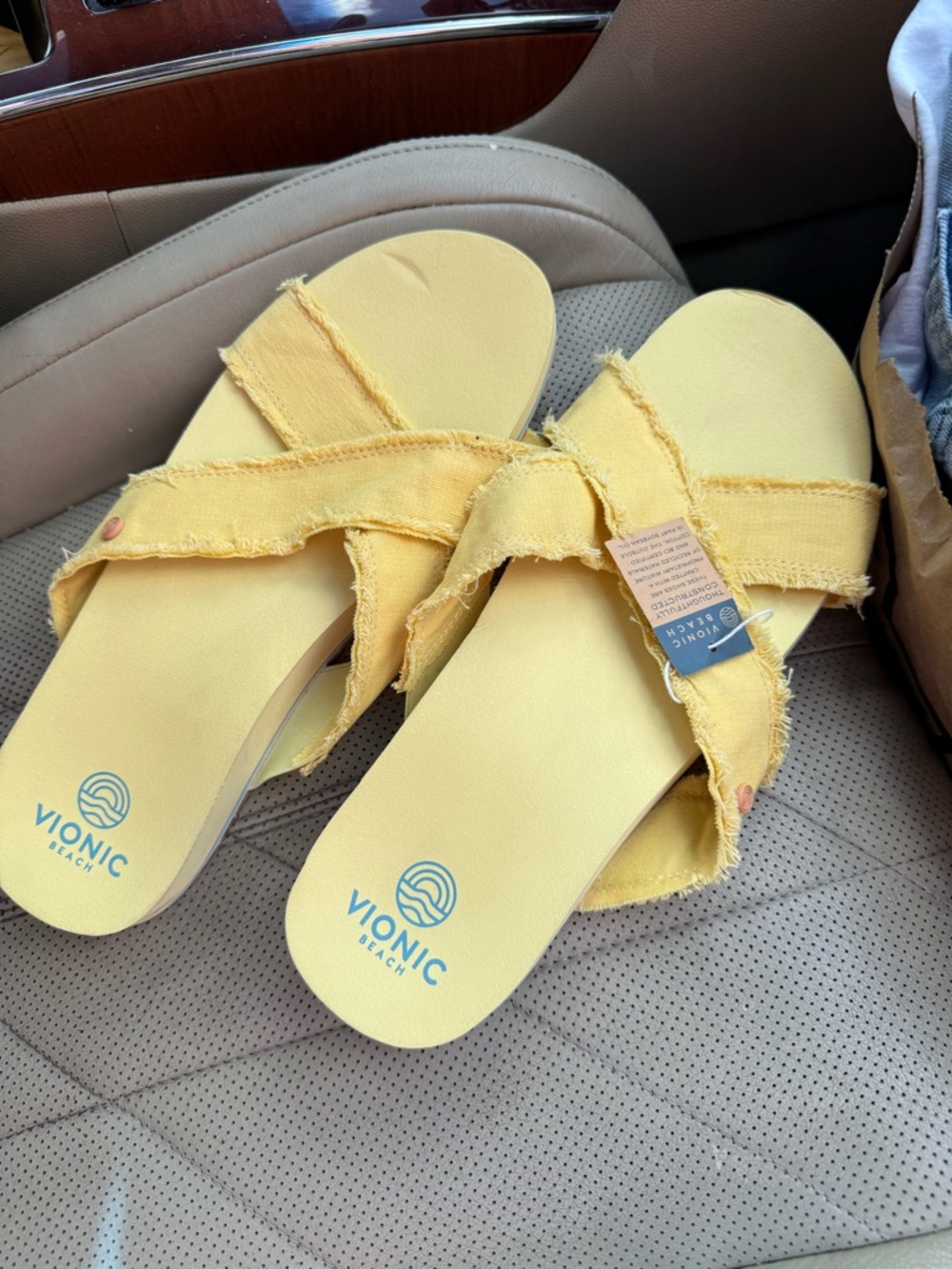 Vionic Yellow Frayed Cross-Strap Slide Sandals